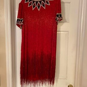 Red Beaded Fringe Dress Vintage